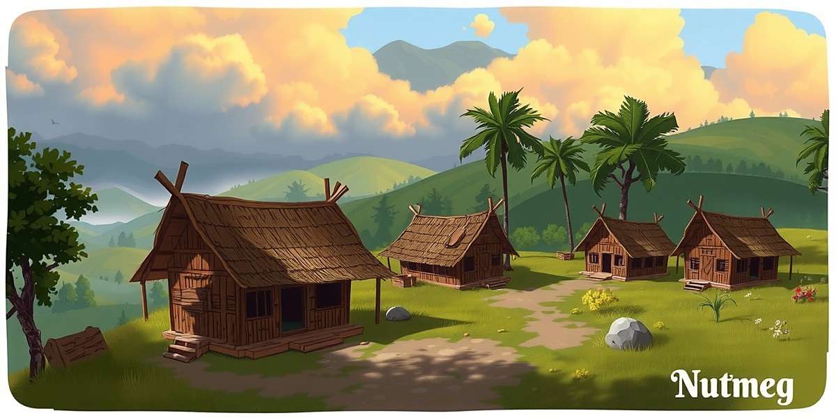 Nutmeg Narrative India Northeast Expansion Concept art for upcoming Northeast India region in Nutmeg Narrative India showing traditional huts and landscapes