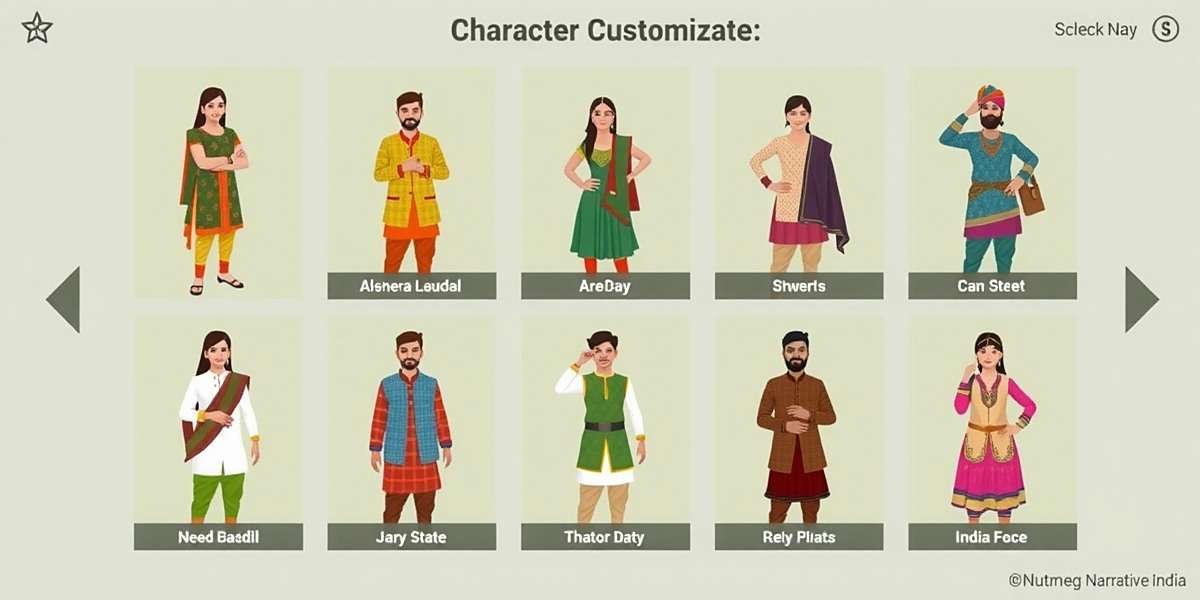 Nutmeg Narrative India Character Customization Nutmeg Narrative India character customization screen showing various traditional clothing options from different Indian states