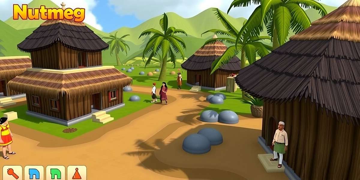 Nutmeg Narrative India Village Scene Nutmeg Narrative India gameplay showing a village scene with traditional Indian huts and characters in regional attire